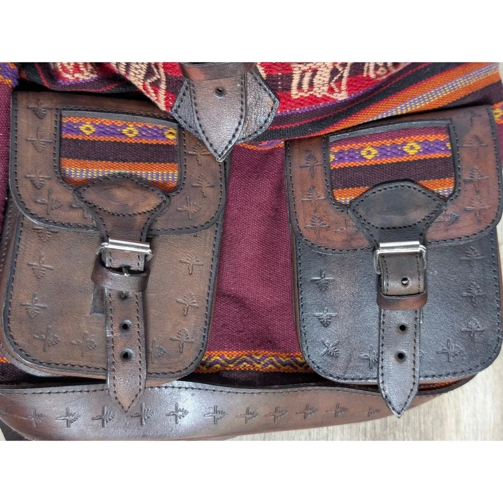 Handcrafted Tooled Leather‎ Bohemian Backpack Aztec Burgundy Brown